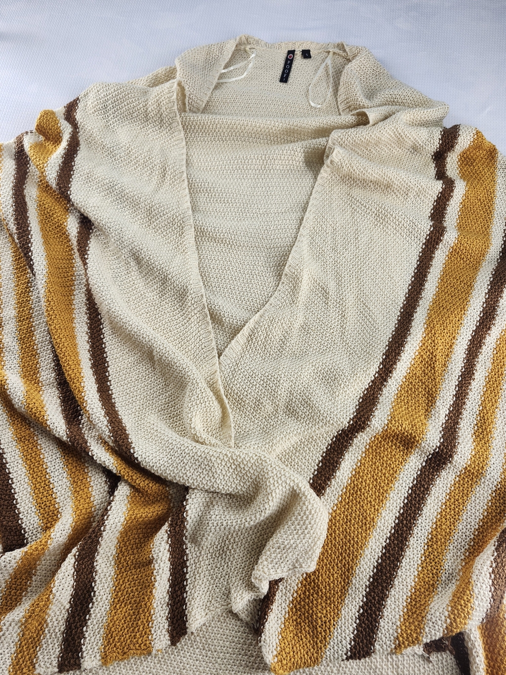 POOF! Womens S Ivory Mustard Brown Striped Boho Retro Hippie Knit Poncho